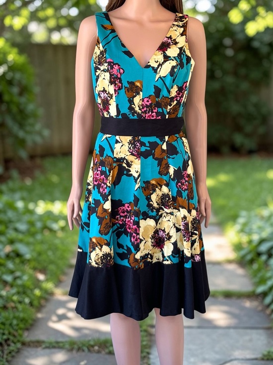 Nine West Dresses & Skirts - Nine West Teal Floral Fit & Flare Dress Size 6 Belted Cotton Stretch Y2K